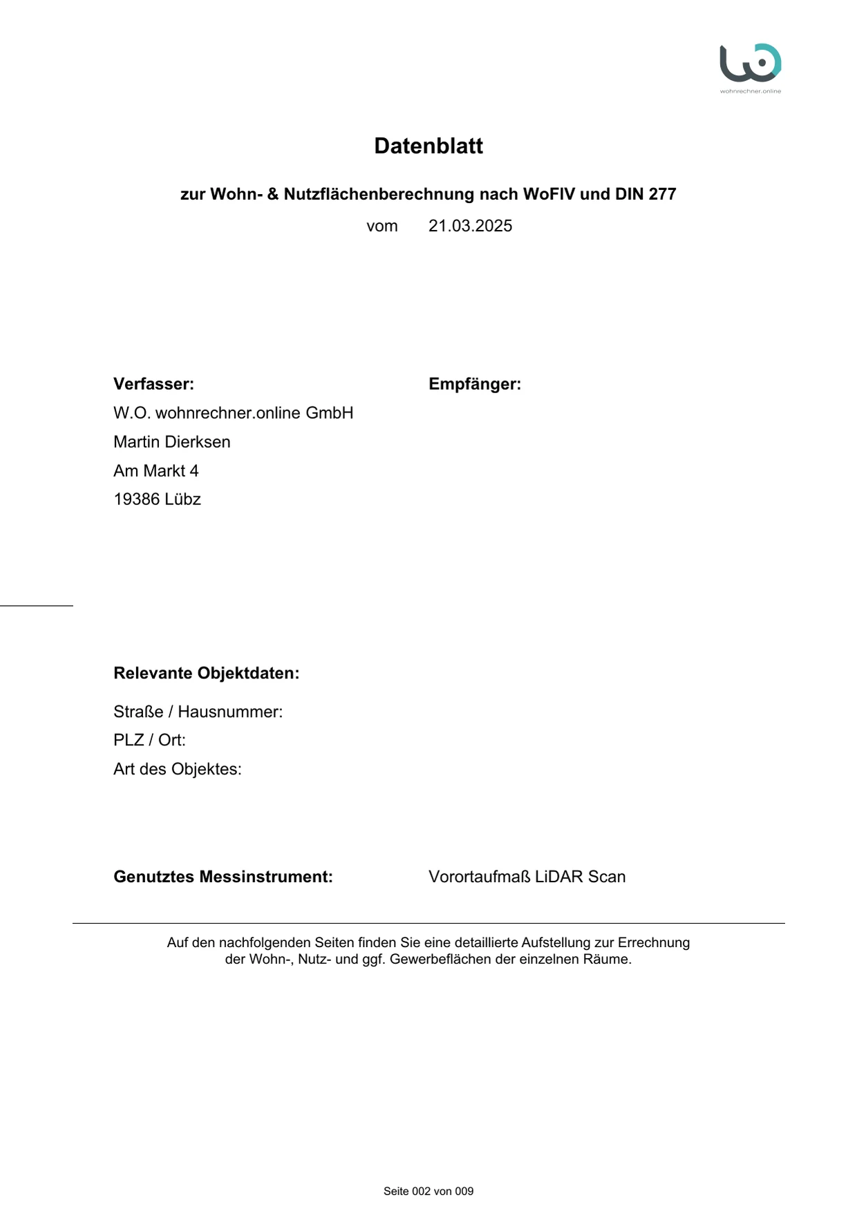 Datenblatt der Wohnflächenberechnung mit Angabe des Messinstruments: Vorortaufmaß per LiDAR-Scan