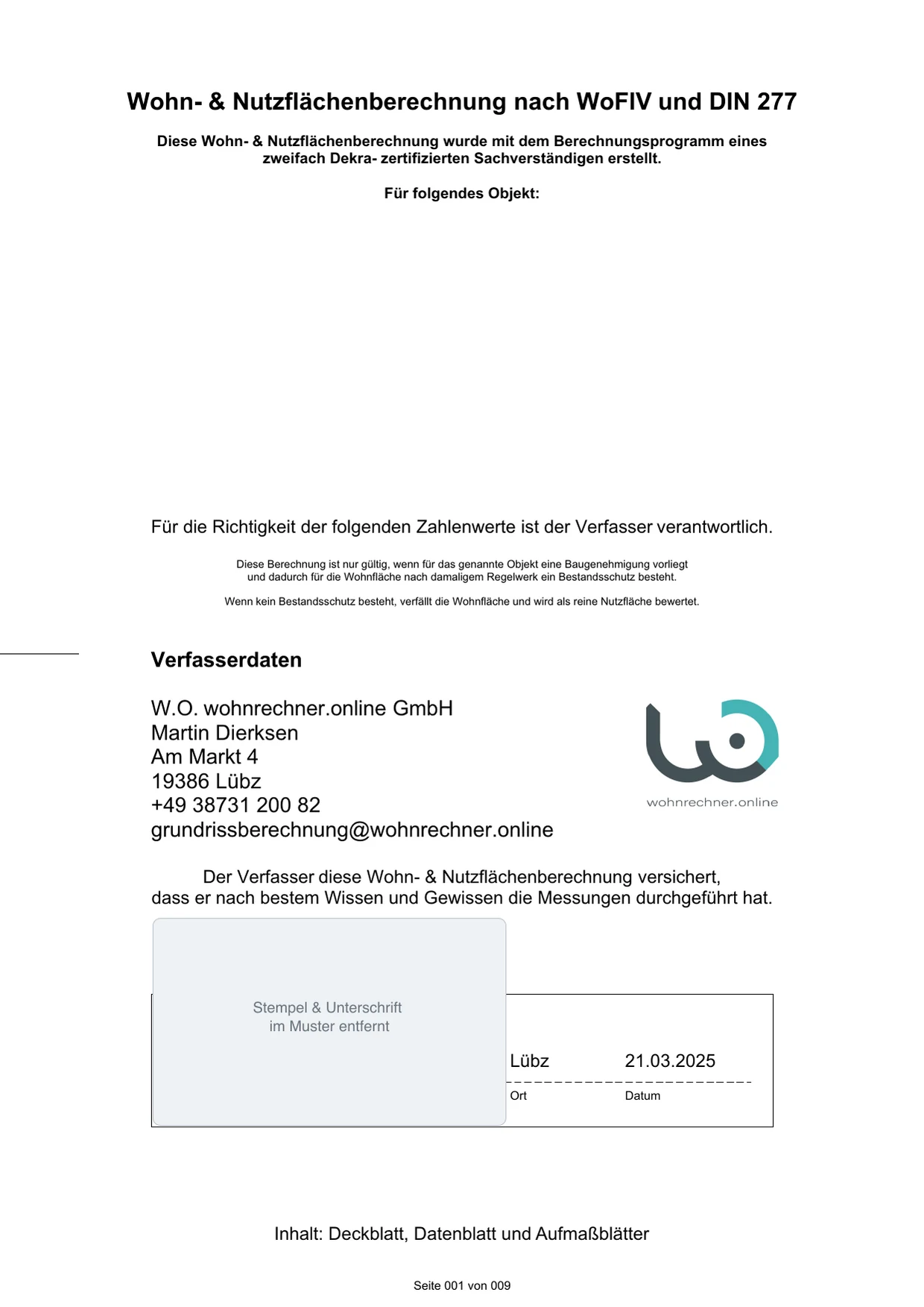 Beispiel einer Wohnflächenberechnung nach WoFlV und DIN 277 von einem DEKRA-zertifizierten Sachverständigen (Stempel und Unterschrift im Muster entfernt)