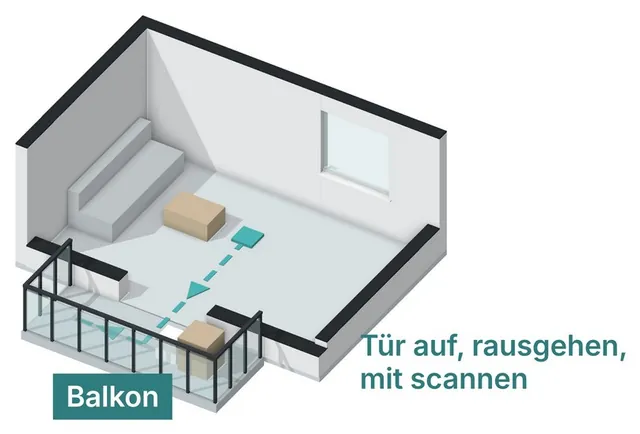 Zeichnung eines Zimmers mit offener Balkontür und Laufweg hinaus auf den Balkon