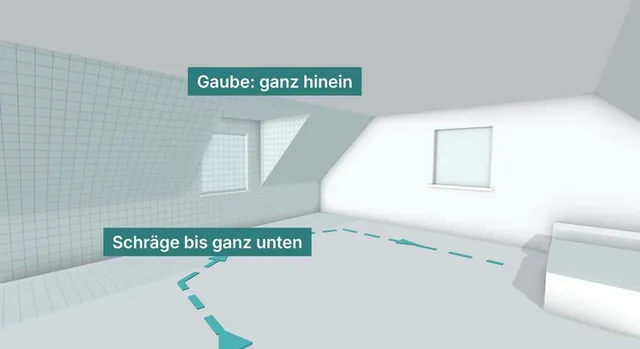 Zeichnung eines Dachgeschosses mit Laufweg bis unter die Schräge und in die Gaube hinein