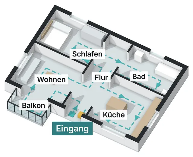 Grundriss einer Etage mit Laufweg vom Eingang durch Flur, Wohnen, Küche, Bad, Schlafen und Balkon